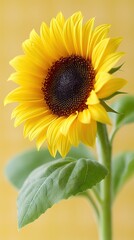Fototapeta premium A vibrant sunflower stands tall against a soft yellow background, showcasing its bright petals and intricate seed center.