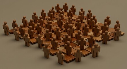 Obraz premium Wooden figures stand on small platforms arranged in a square grid pattern.