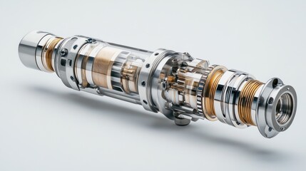 Close-up of a complex, precision-engineered mechanical device with visible internal components, gears, and metallic parts.