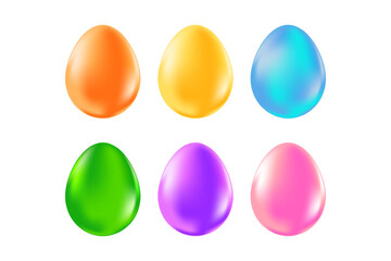 Cute 3D easter eggs icon set isolated Png, transparent background. Iridescent neon glow yellow, green, blue, pink, purple, orange color glass or plastic texture clipart or decoration design element.