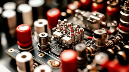 Close-up of intricate electronic circuit board with switches and connectors