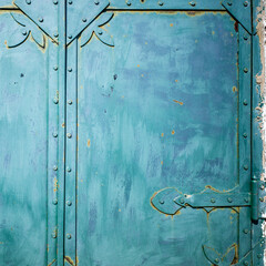 background of Weathered teal metal door with ornamental details.