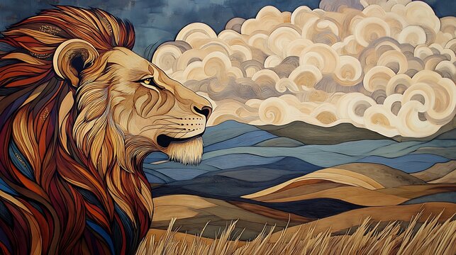 of lion against a background of rolling hills and drifting clouds 