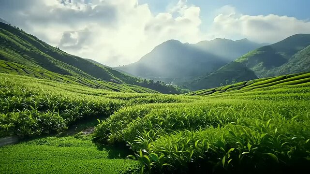 Serene Green Tea Plantation Landscape in Mountains