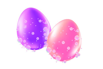 Cute 3D glowing purple, pink color easter eggs icon isolated Png, transparent background. Iridescent neon glow glass or plastic texture egg shape with flowing bubble fizz particles clipart