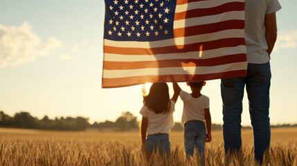 family portrait, emotional family storytelling with grandparents, children, and a large american flag in a field, captured with soft lens flare and warm tones