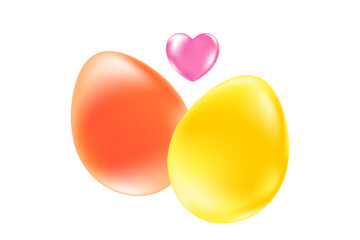 Cute 3D red, yellow easter eggs with pink heart icon isolated Png, transparent background. Iridescent glowing glass or plastic texture clipart or decoration design element.