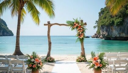 Fototapeta premium Beautiful beach wedding setup with floral decorations and serene ocean backdrop.