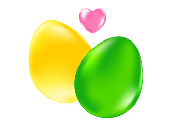 Cute 3D green, yellow easter eggs with pink heart icon isolated Png, transparent background. Iridescent glowing glass or plastic texture clipart or decoration design element.