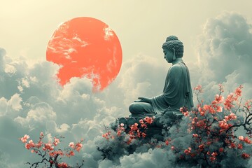 Serene Buddha Statue in Peaceful Cloudscape at Sunrise