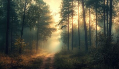Obraz premium Sunlit path through a misty, mysterious forest