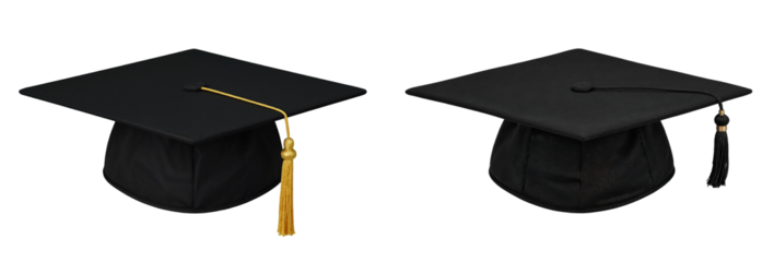A Pair of Classic Graduation Caps: Celebrating Achievement in Education with Traditional Black Caps, One Featuring a Golden Tassel and the Other with a Simple Design