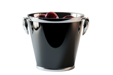 Elegant black ice bucket with silver handles holding red wine bottle on transparent background