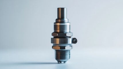 Close-up of a metallic industrial component, possibly a nozzle or valve, with intricate details and threaded connections, set against a clean, light-grey background.