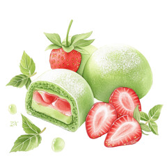 Naklejka premium Strawberry and Matcha Mochi: A beautifully rendered watercolor illustration of delicate mochi balls with matcha-infused exteriors, embracing juicy strawberries and scattered with fresh basil leaves.