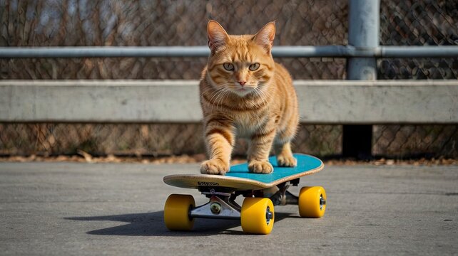 American Polydactyl cat rides on a skateboard