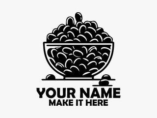 Minimalist black and white illustration of a bowl overflowing with dark brown coffee beans on a plain surface. Coffee concept design isolated on white background, food bowl vector icon and logo
