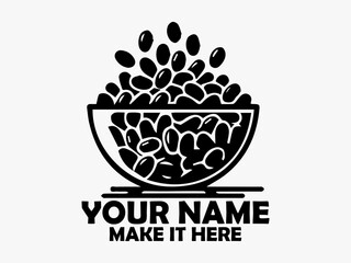 Minimalist black and white illustration of a bowl overflowing with dark brown coffee beans on a plain surface. Coffee concept design isolated on white background, food bowl vector icon and logo