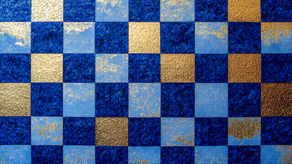 Fototapeta premium Blue and gold metallic checkerboard pattern with textured surface