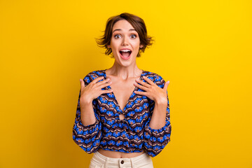 Photo of young funny girl shocked touch chest surprised amazed impressed reaction emotional person...