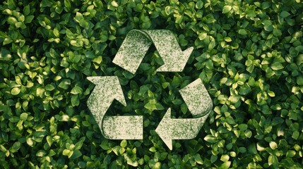 Green foliage with a recycling symbol surrounded by vibrant leaves in a natural setting
