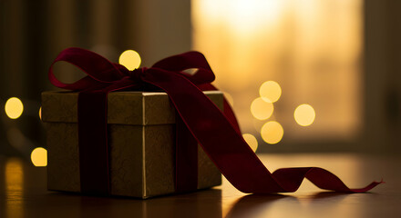 Golden Gift Box With Maroon Ribbon On Wooden Surface