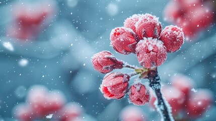 Pink flower buds covered in snow