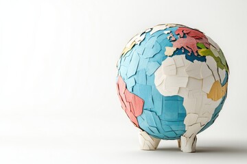 Colorful globe made of paper pieces standing on a white surface showcasing creative design and craftsmanship