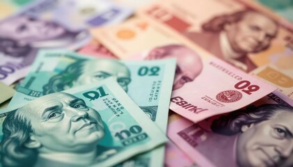 Obraz premium Abstract blurred money background, various banknotes, blurred, financial, digital