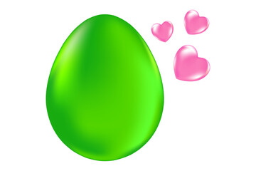 Cute 3D glowing green easter egg with pink hearts icon isolated Png, transparent background. Iridescent glowing glass or plastic texture clipart or decoration design element.
