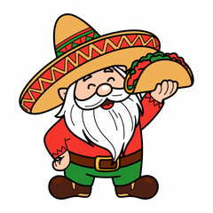 Cartoon Mexican Gnome Eating Taco Illustration
