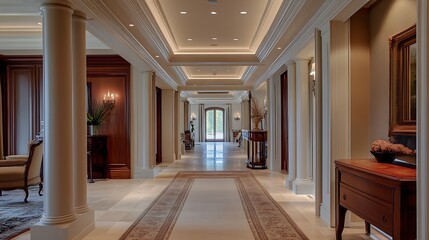 Fototapeta premium Hallway in a residential mansion featuring elegant columns and lighting for property marketing.