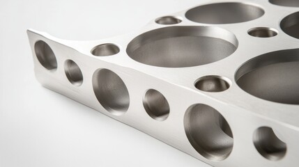 Close-up of a precision-machined metal plate with multiple circular cutouts, showcasing intricate detail and smooth surfaces.