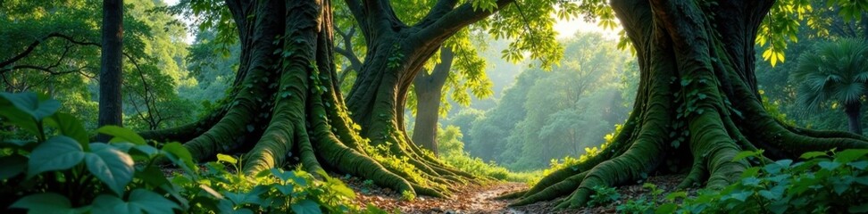 Fototapeta premium Dense foliage and vines covering ancient tree trunks, greenery, giant leaves, tropical jungle