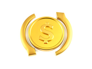 3D yellow dollar coin with circular arrows, symbolizing financial exchange or conversion. Generative AI