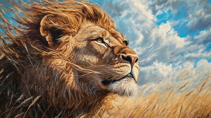 a lion's face with wind-blown mane against the backdrop of tall grasslands 