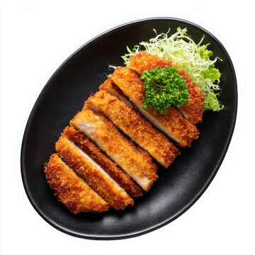 A delicious serving of sliced tonkatsu, Japanese pork cutle,t arranged on a black oval plate.