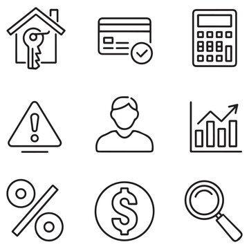 Loan and Credit thin line icons set. Mortgage, credit rating, calculator editable stroke icon. Vector with white background