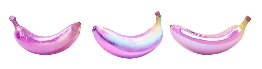 A Trio of Iridescent Pink Bananas: Unique Decorative Fruits with Shimmering Surfaces Perfect for Modern Aesthetics and Artwork