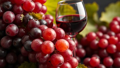 Close-up of ripe red grapes & a glass of red wine, ample negative space, photography, template