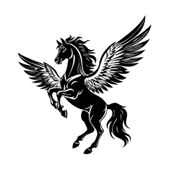 Obraz premium Black Pegasus with wings, rearing up., pegasus horse silhouette, black and white silhouette, vector and illustration, horse isolated on white, Pegasus silhouette 