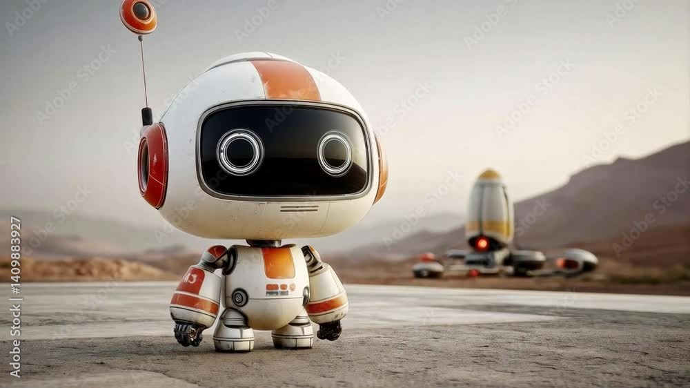 Poster a humanoid robot stands on a barren surface, equipped with futuristic technology, analyzing its surr
