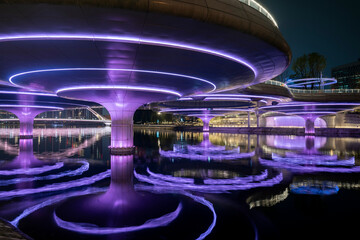 The reflection of a luminous pedestrian bridge in the water, Chengdu, China