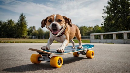 dog rides on a skateboard