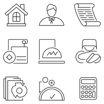 Loan and Credit thin line icons set. Mortgage, credit rating, calculator editable stroke icon. Vector with white background