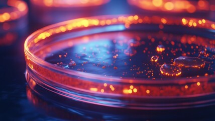 A vibrant petri dish with glowing liquid, showcasing bubbles and reflections against a dark background.