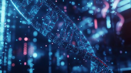 A vibrant digital representation of a DNA double helix, illuminated by neon lights, showcasing a futuristic and scientific aesthetic.