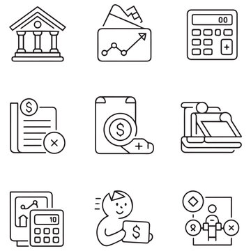 Loan and Credit thin line icons set. Mortgage, credit rating, calculator editable stroke icon. Vector with white background