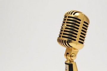 Close-up shot of a single gold microphone on white background, object, stage