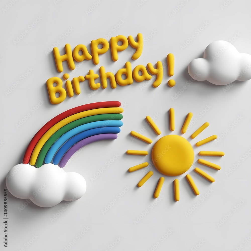 Fototapete 8k resolution 3d render of a minimalistic, lively doodle featuring rainbow clouds and a sun. the wor